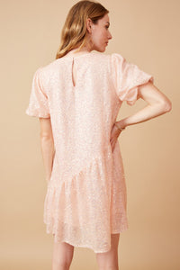 HY6388 Green Womens Sequined Asymmetric Hem Puff Sleeve Dress Back