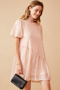 HY6388 Green Womens Sequined Asymmetric Hem Puff Sleeve Dress Front 2