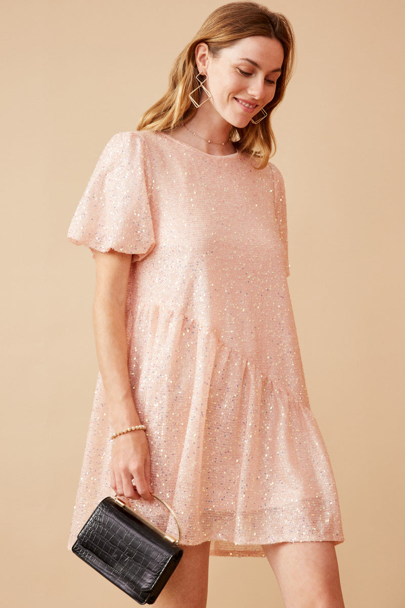 HY6388 Green Womens Sequined Asymmetric Hem Puff Sleeve Dress Front 2