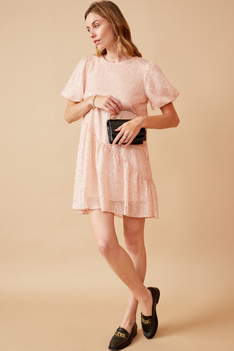 HY6388 Champagne Womens Sequined Asymmetric Hem Puff Sleeve Dress Alternate Angle