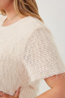 HY6390 Cream Womens Textured Stringy Short Sleeve Top Side