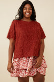 HY6390W Marsala Plus Textured Stringy Short Sleeve Top Front