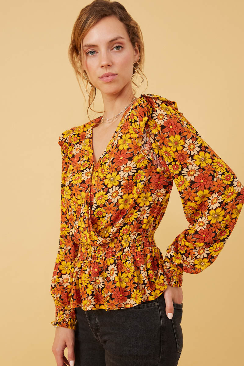 HY6395W BLACK Plus Floral Smocked Peplum Surplice Long Sleeve Top Side