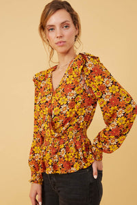 HY6395W BLACK Plus Floral Smocked Peplum Surplice Long Sleeve Top Side