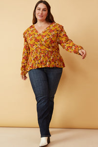 HY6395W BLACK Plus Floral Smocked Peplum Surplice Long Sleeve Top Front