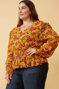 HY6395 Black Womens Floral Smocked Peplum Surplice Long Sleeve Top Detail