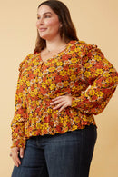 HY6395 Black Womens Floral Smocked Peplum Surplice Long Sleeve Top Detail