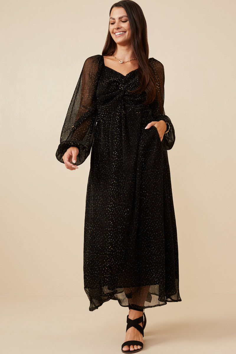 Gold Foiled Crinkle Textured Twist Detail Dress