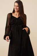 HY6414 Black Womens Gold Foiled Crinkle Textured Twist Detail Dress Front