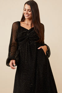 HY6414 Black Womens Gold Foiled Crinkle Textured Twist Detail Dress Front