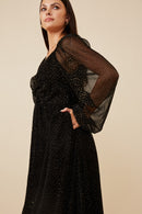 HY6414 Black Womens Gold Foiled Crinkle Textured Twist Detail Dress Side