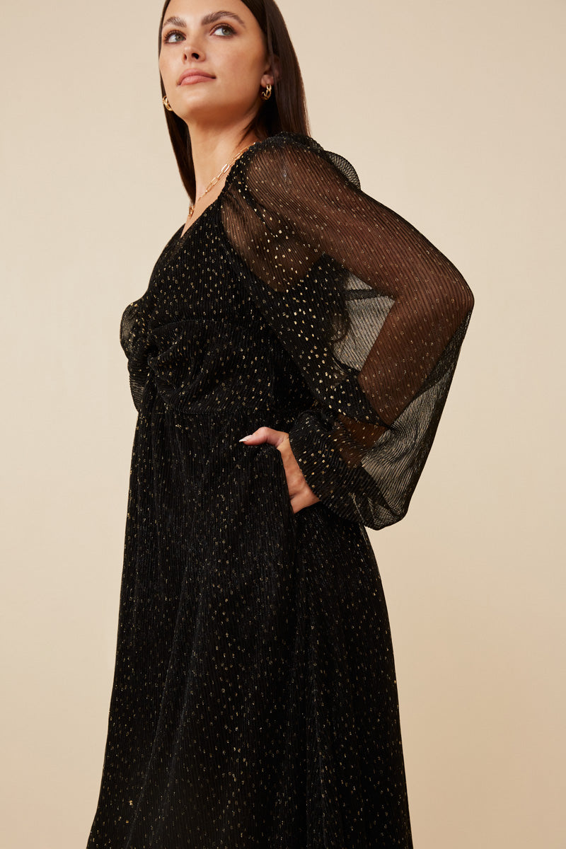 HY6414 Black Womens Gold Foiled Crinkle Textured Twist Detail Dress Side