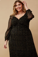 HY6414W BLACK Plus Gold Foiled Crinkle Textured Twist Detail Dress Full Body