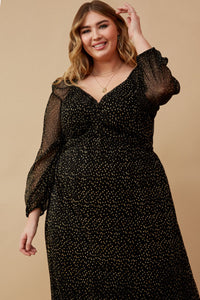 HY6414W BLACK Plus Gold Foiled Crinkle Textured Twist Detail Dress Full Body
