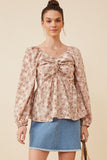 Floral Print Twist Front Smocked Back Top