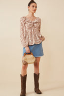 HY6415W TAUPE Plus Floral Print Twist Front Smocked Back Top Front