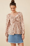 HY6415W TAUPE Plus Floral Print Twist Front Smocked Back Top Back