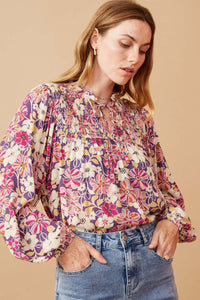 HY6418 STONE Womens Floral Print Tie Neck Smocked Long Sleeve Top Gif