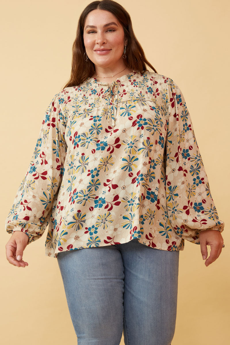 Floral Print Tie Neck Smocked Long Sleeve Top