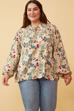 Floral Print Tie Neck Smocked Long Sleeve Top