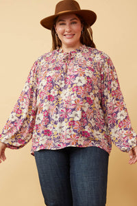 HY6418 STONE Womens Floral Print Tie Neck Smocked Long Sleeve Top Side