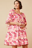 HY6447 PINK Womens Large Floral Square Neck Puff Sleeve Dress Front