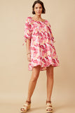 HY6447 PINK Womens Large Floral Square Neck Puff Sleeve Dress Side