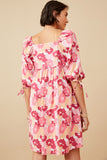 HY6447W PINK Plus Large Floral Square Neck Puff Sleeve Dress Front