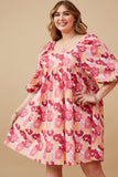 HY6447W PINK Plus Large Floral Square Neck Puff Sleeve Dress Front