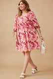 HY6447W PINK Plus Large Floral Square Neck Puff Sleeve Dress Gif