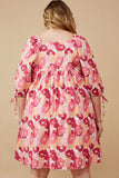 HY6447W PINK Plus Large Floral Square Neck Puff Sleeve Dress Detail
