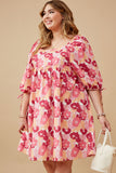 HY6447W PINK Plus Large Floral Square Neck Puff Sleeve Dress Back