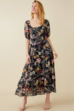 HY6470 NAVY Womens Floral Smocked Puff Sleeve Dress Full Body