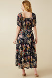 HY6470W NAVY Plus Floral Smocked Puff Sleeve Dress Side