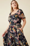 HY6470W NAVY Plus Floral Smocked Puff Sleeve Dress Full Body