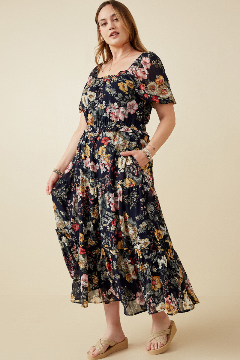 HY6470 NAVY Womens Floral Smocked Puff Sleeve Dress Gif