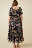 HY6470 NAVY Womens Floral Smocked Puff Sleeve Dress Side