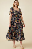 HY6470 NAVY Womens Floral Smocked Puff Sleeve Dress Detail
