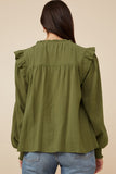 HY6491 Olive Womens Lace Insert Ruffled Detail Textured Shirt Back