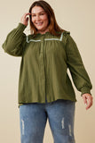 HY6491W Olive Plus Lace Insert Ruffled Detail Textured Shirt Front