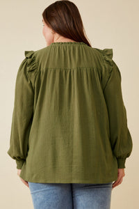 HY6491W Olive Plus Lace Insert Ruffled Detail Textured Shirt Front