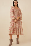 HY6504 Taupe Womens Ditsy Butterfly Print Smocked Midi Dress Full Body