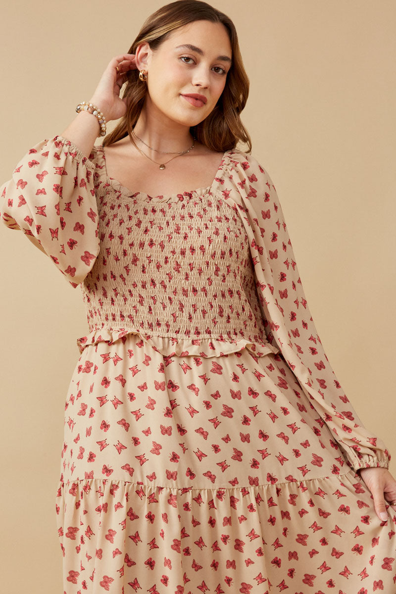 Ditsy Butterfly Print Smocked Midi Dress