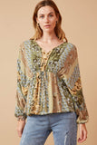 HY6512 Olive Womens Mixed Print Block Dolman Peplum Top Front