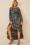 HY6514 Black Womens One Tone Floral Print Asymmetric Hem Maxi Dress Pose