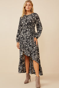 HY6514W Black Plus One Tone Floral Print Asymmetric Hem Maxi Dress Back
