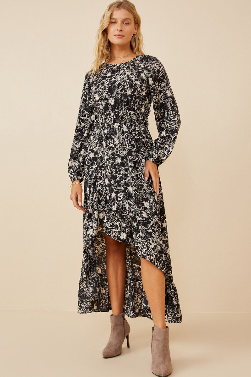 HY6514W Black Plus One Tone Floral Print Asymmetric Hem Maxi Dress Back