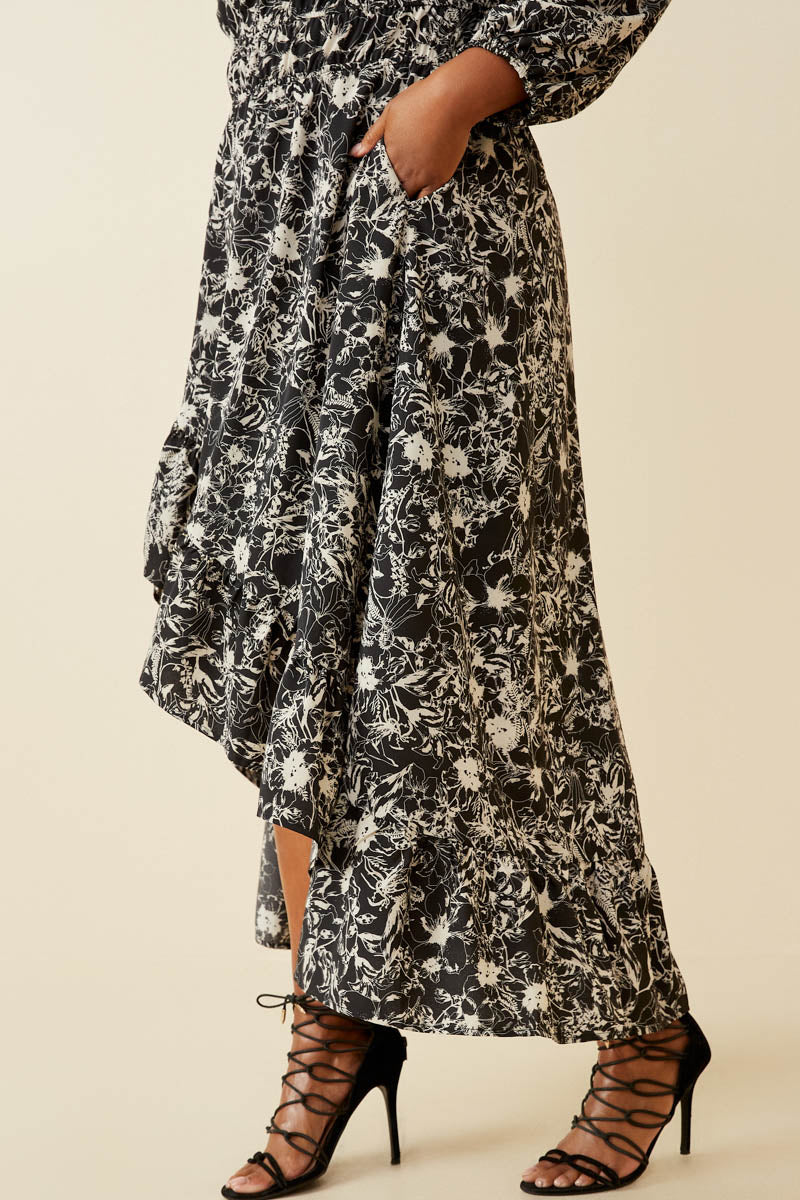 One Tone Floral Print Asymmetric Hem Maxi Dress