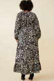 HY6514 Black Womens One Tone Floral Print Asymmetric Hem Maxi Dress Detail