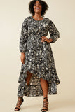 HY6514 Black Womens One Tone Floral Print Asymmetric Hem Maxi Dress Back